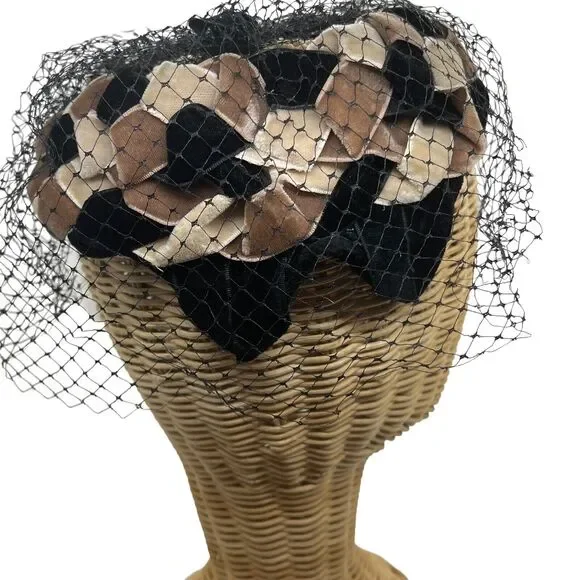 Cocktail Hat Vintage Velvet Ribbon Women's 50s Mesh Veil Open Top Retro Chic